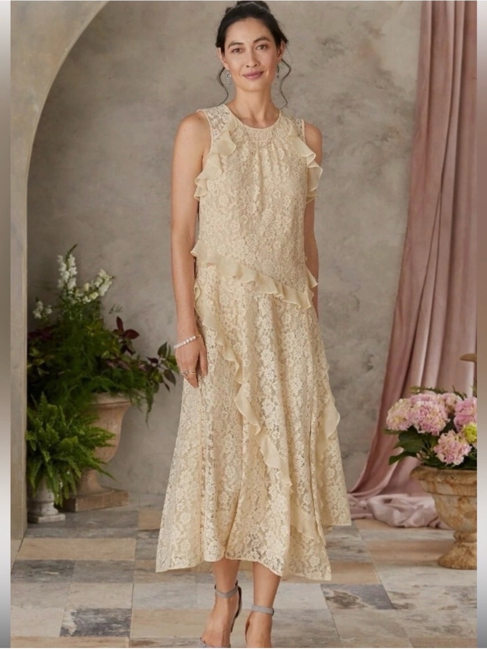Sundance Cream Lace Ruffle Midi Dress
